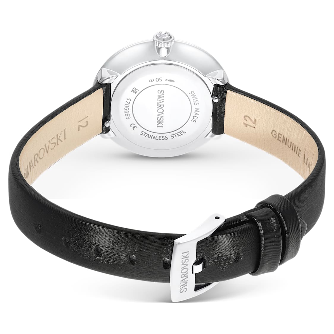 Matrix tennis watch, Swiss Made, Leather strap, Black, Stainless steel by SWAROVSKI