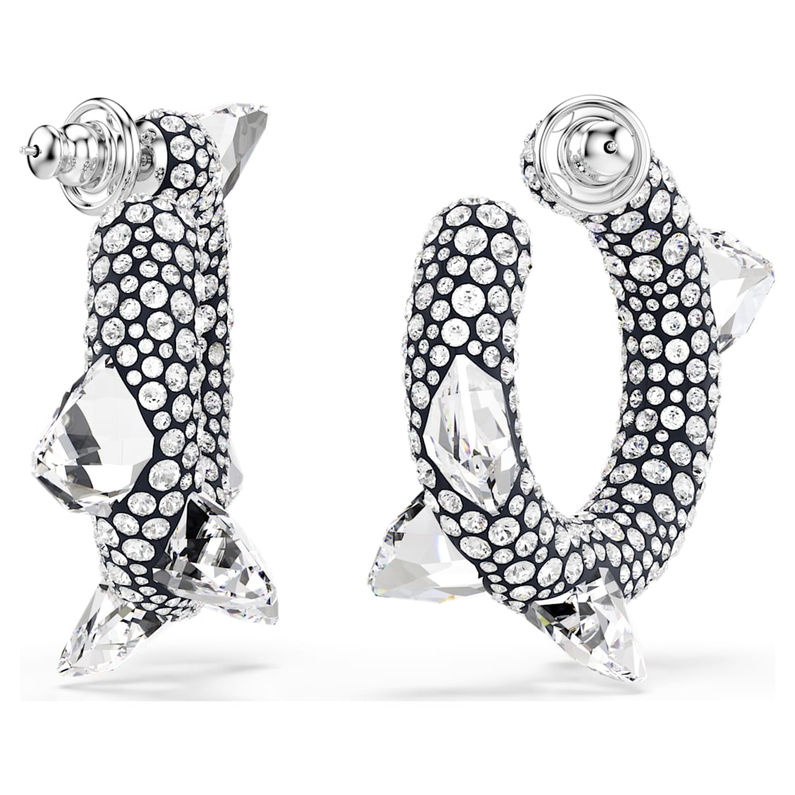 Sublima hoop earrings, Spike, White, Rhodium plated by SWAROVSKI