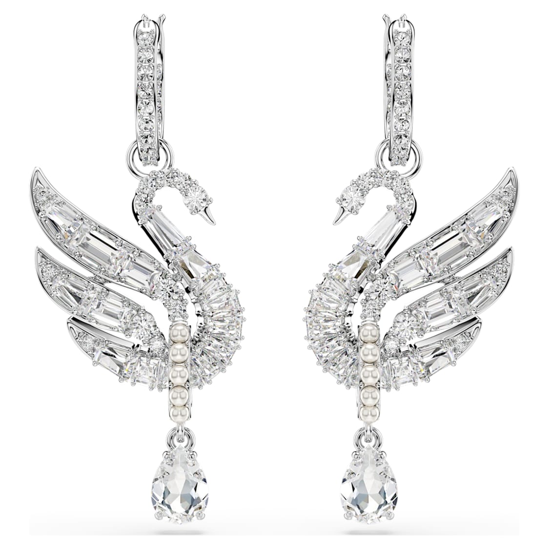 Swan earrings, Swan, White, Rhodium plated by SWAROVSKI