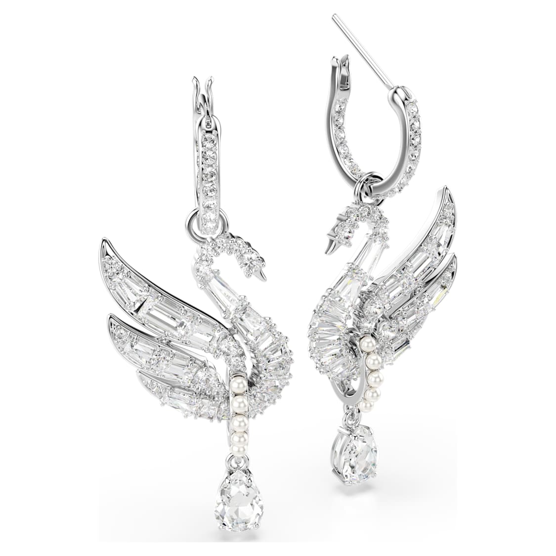 Swan earrings, Swan, White, Rhodium plated by SWAROVSKI