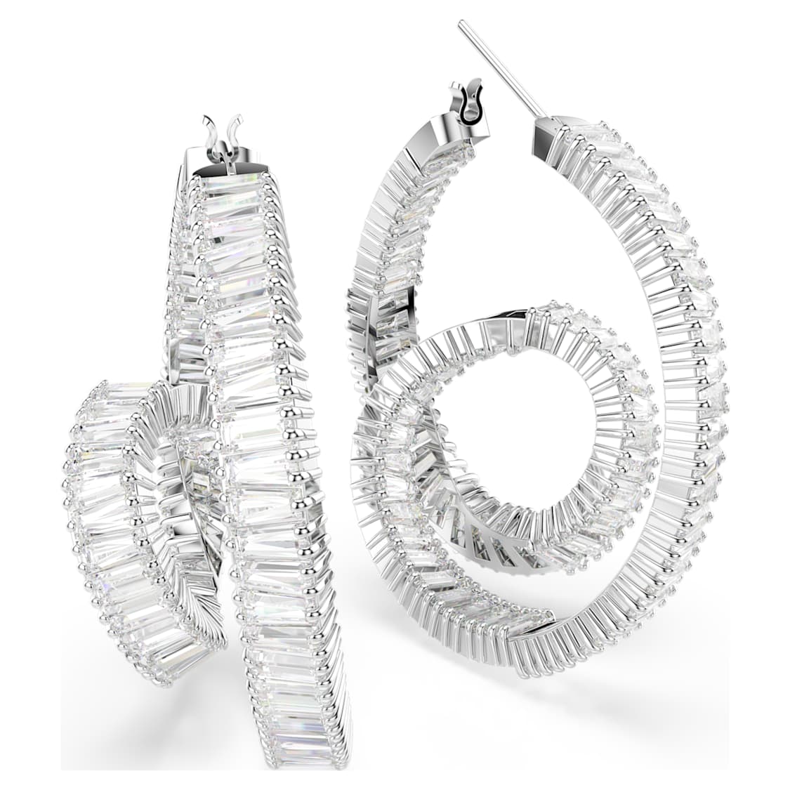 Matrix hoop earrings, Baguette cut, Ribbon, White, Rhodium plated by SWAROVSKI