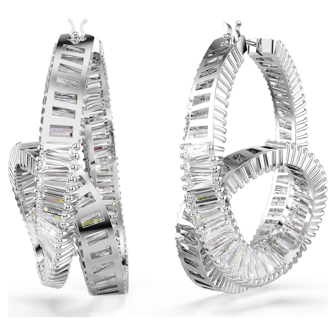 Matrix hoop earrings, Baguette cut, Ribbon, White, Rhodium plated by SWAROVSKI
