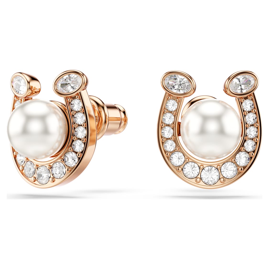 Symbolica stud earrings, Crystal pearl, Pavé, Horse shoe, White, Rose gold-tone plated by SWAROVSKI