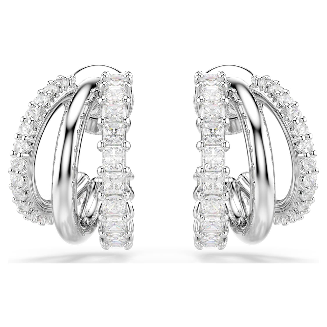 Hyperbola hoop earrings, Round cut, Mini, White, Rhodium plated by SWAROVSKI