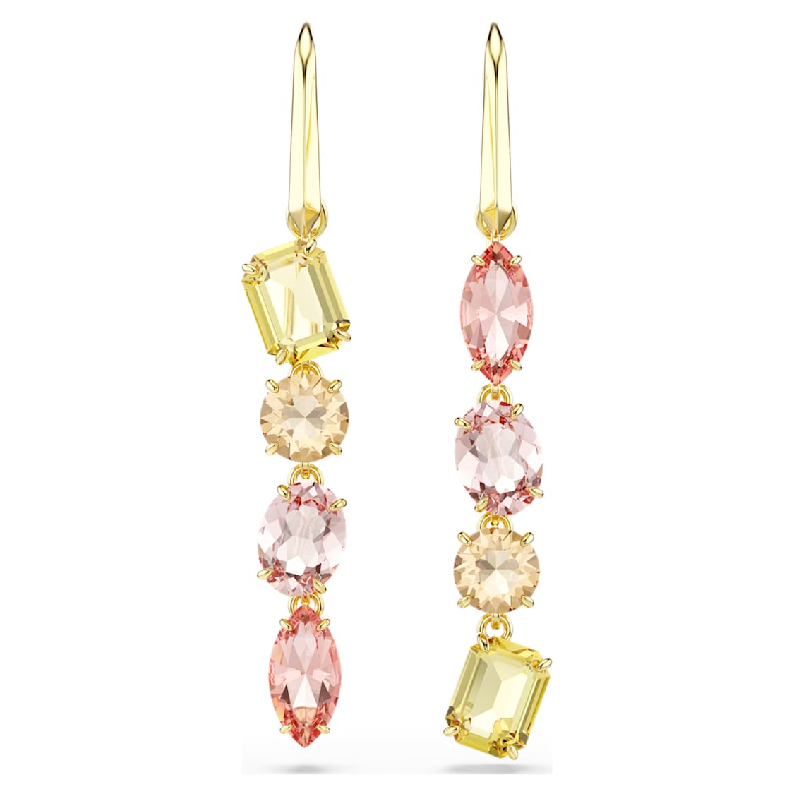 Gema drop earrings, Asymmetrical design, Mixed cuts, Pink, Gold-tone plated by SWAROVSKI