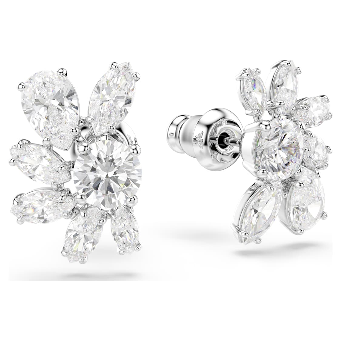 Mesmera stud earrings, Mixed cuts, Flower, White, Rhodium plated by SWAROVSKI