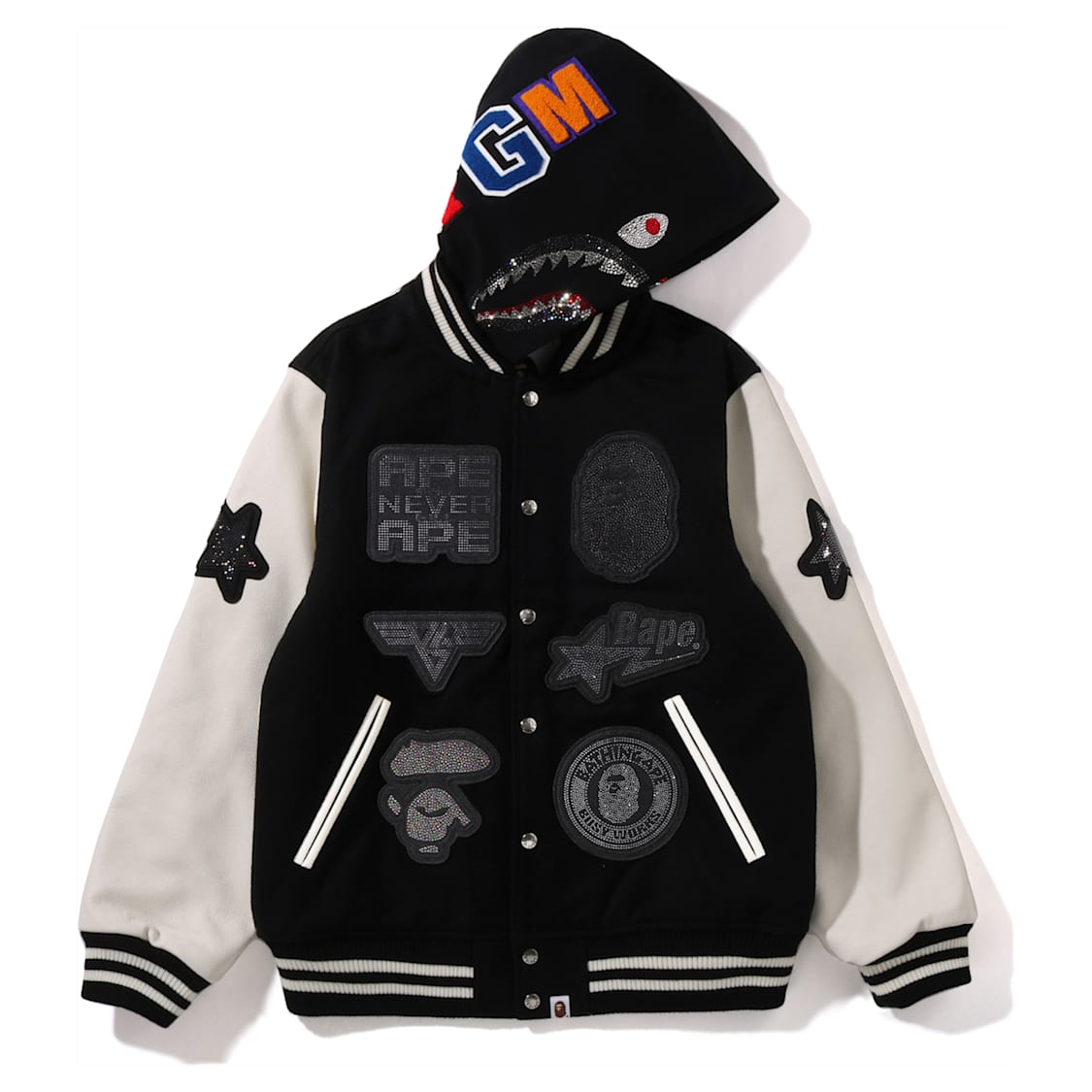 A BATHING APE® Shark Hooded Varsity Jacket, Black and white by SWAROVSKI