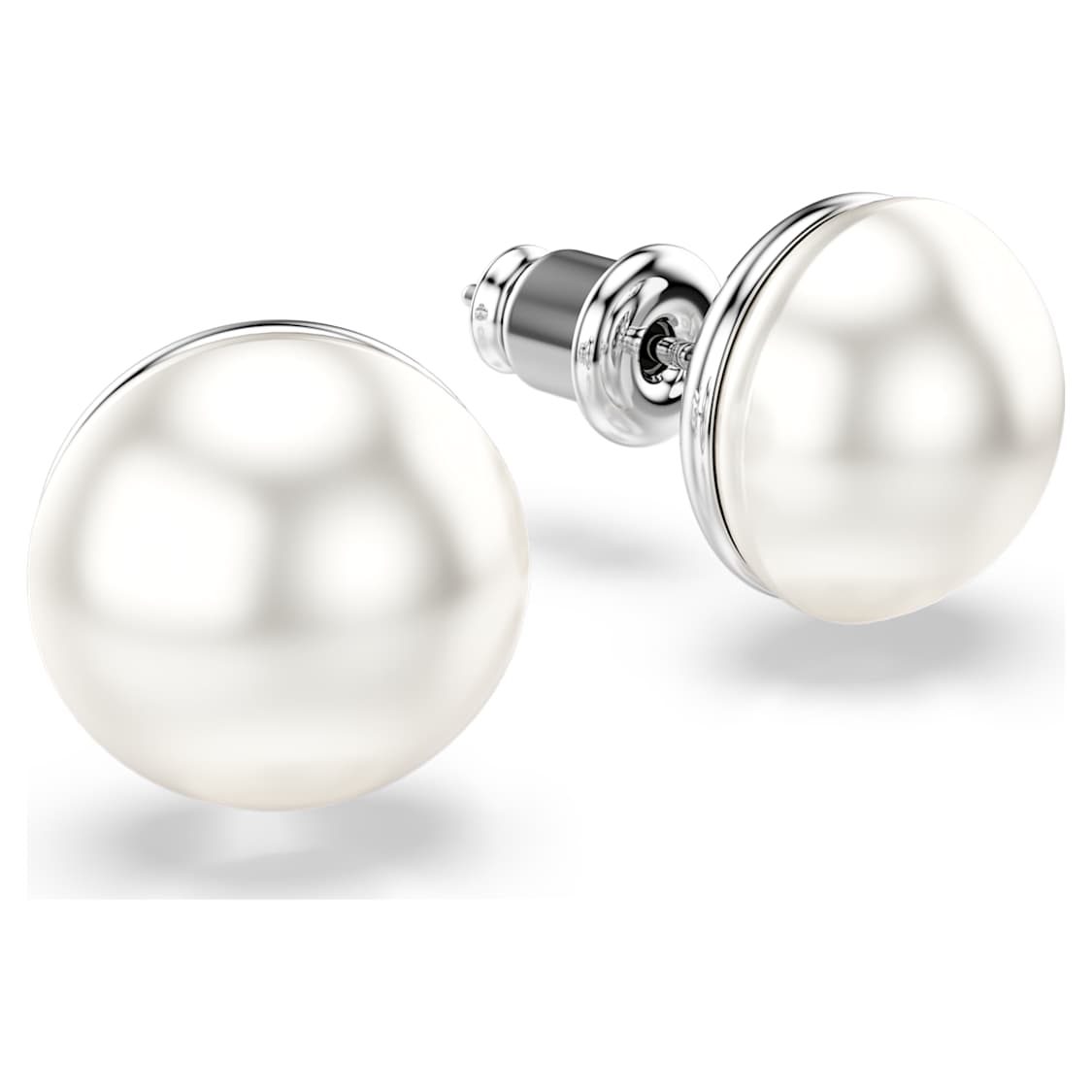 Matrix stud earrings, Crystal pearl, White, Rhodium plated by SWAROVSKI