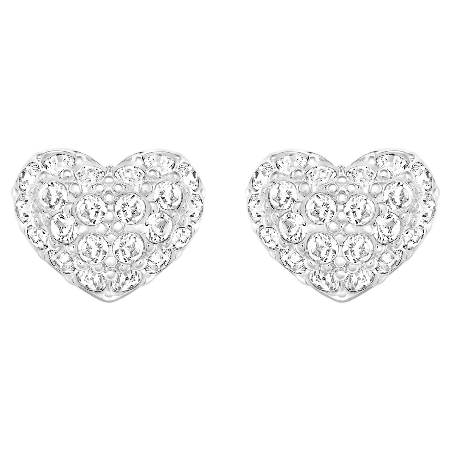 Heart Pierced Earrings, White, Rhodium 