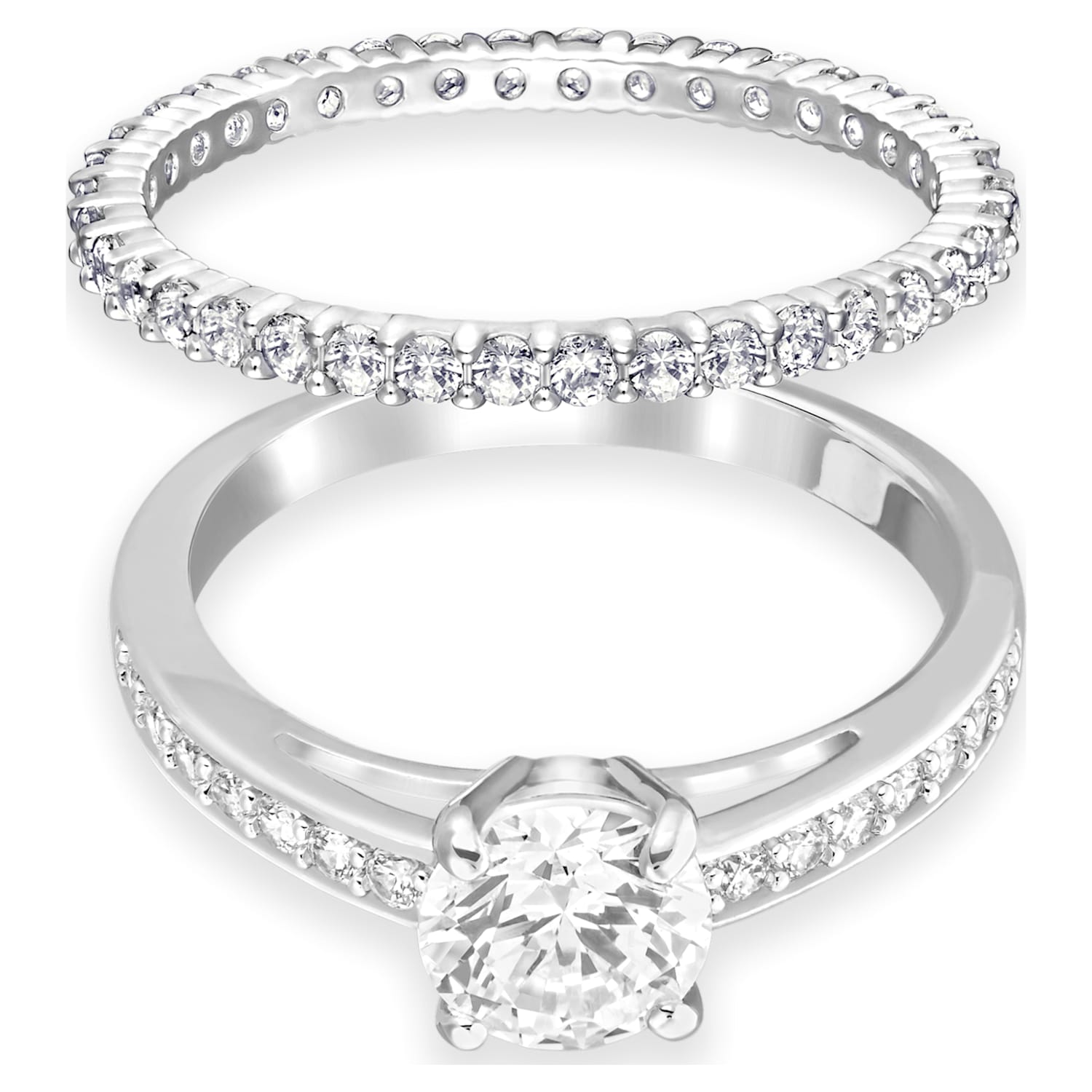 Attract ring, Set (2), Round cut, Pavé, White, Rhodium plated