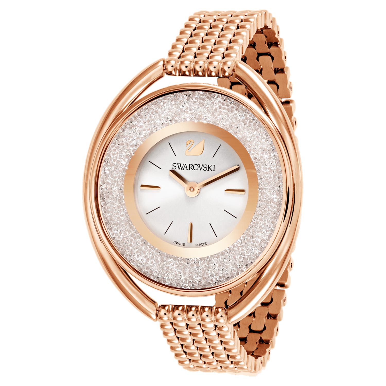 Crystalline Oval Watch, Metal bracelet, White, Rose-gold tone PVD