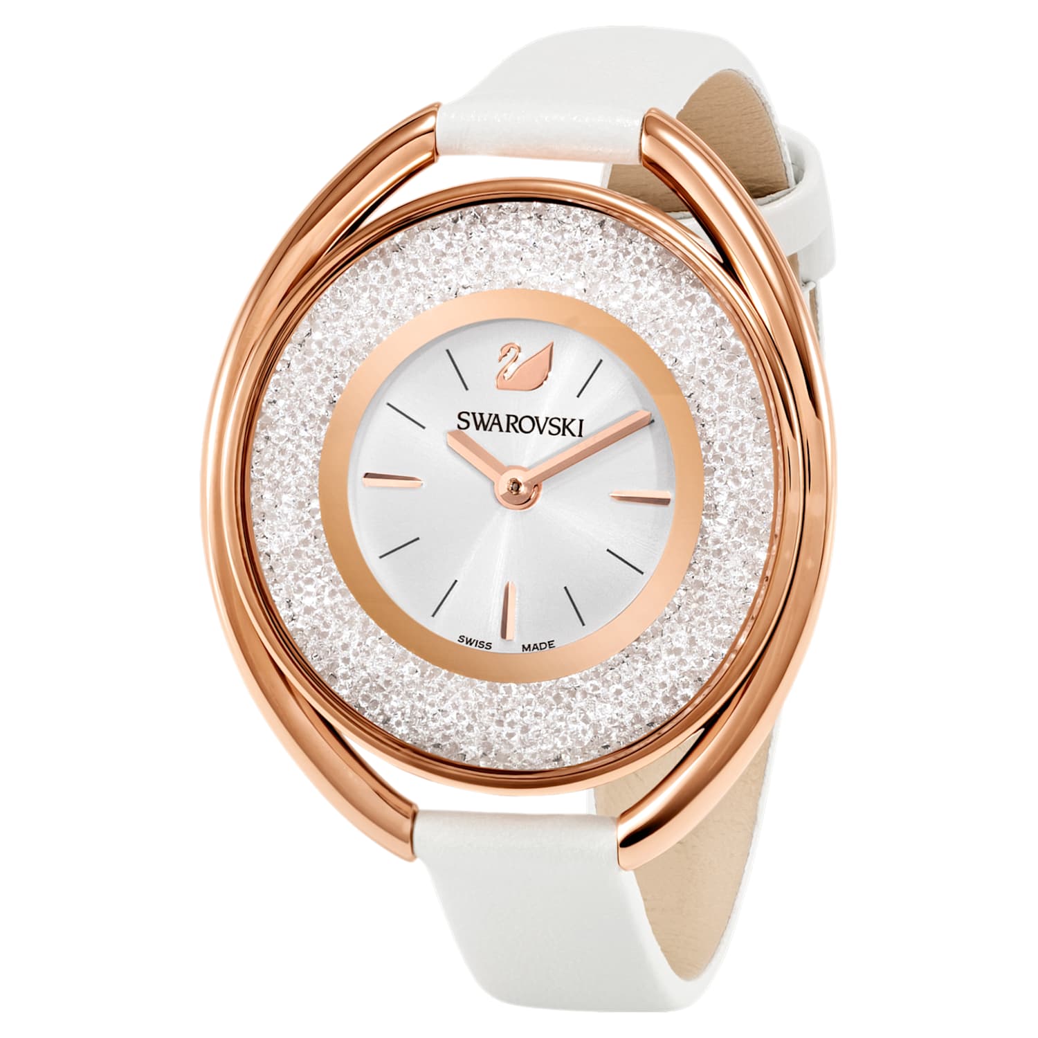 Crystalline Oval watch, Leather strap, White, Rose gold-tone finish