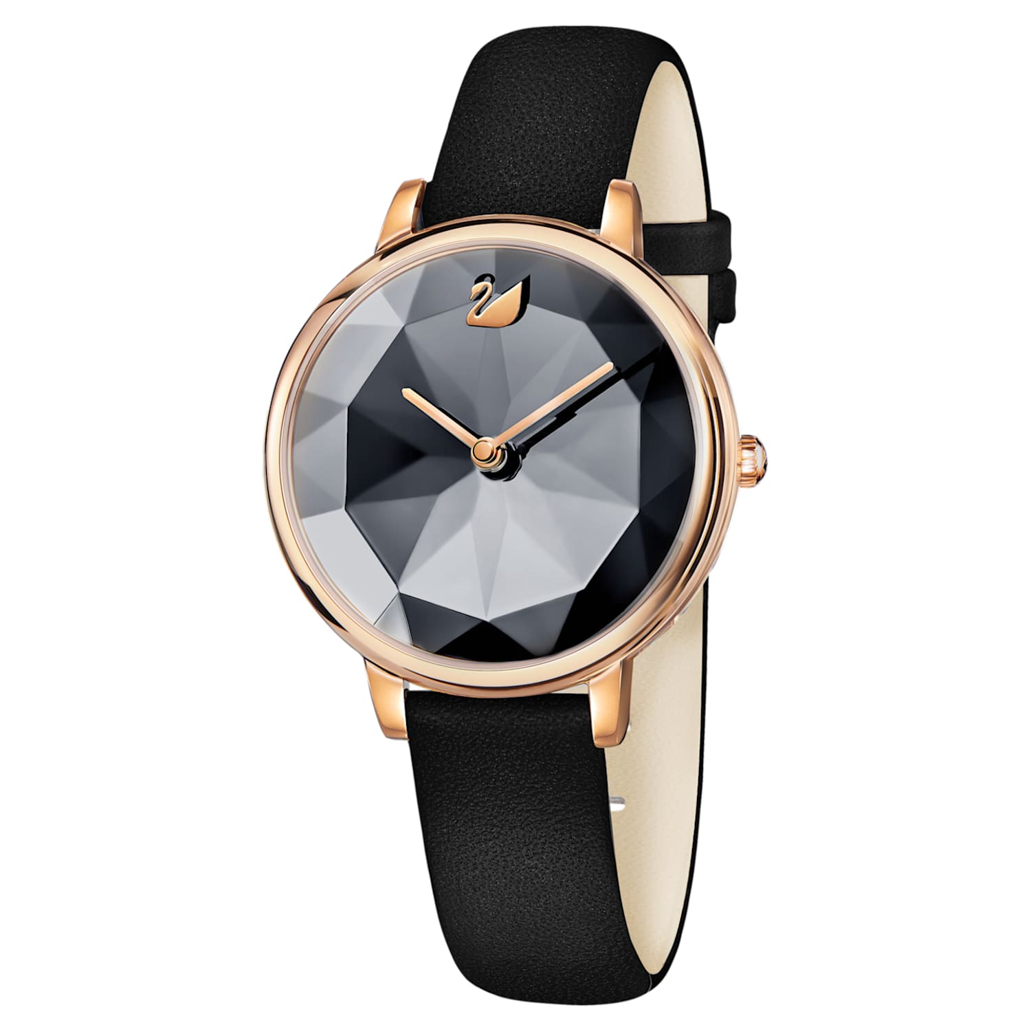 Crystal Lake Watch, Leather strap, Black, Rose-gold tone PVD