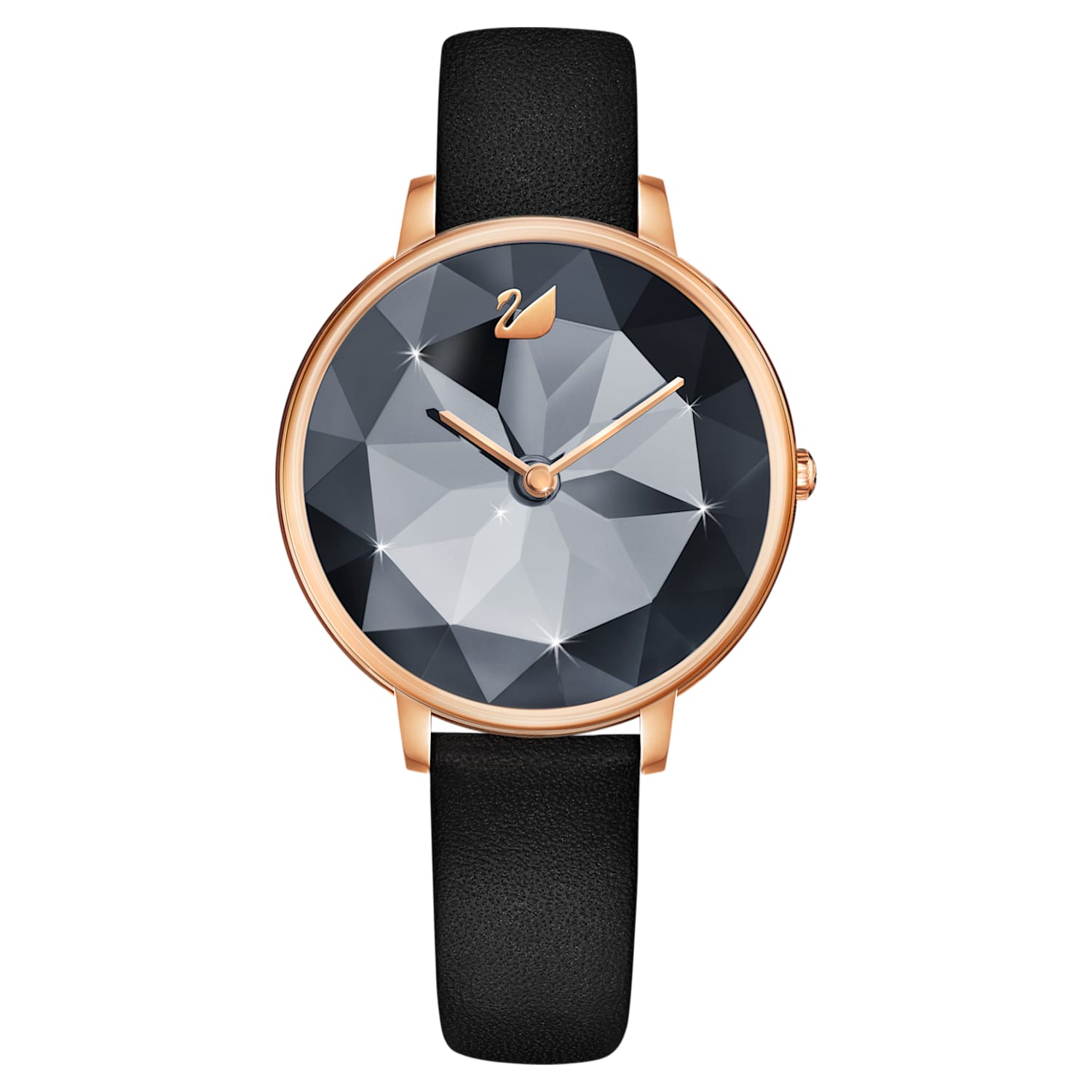 Crystal Lake Watch, Leather strap, Black, Rose-gold tone PVD