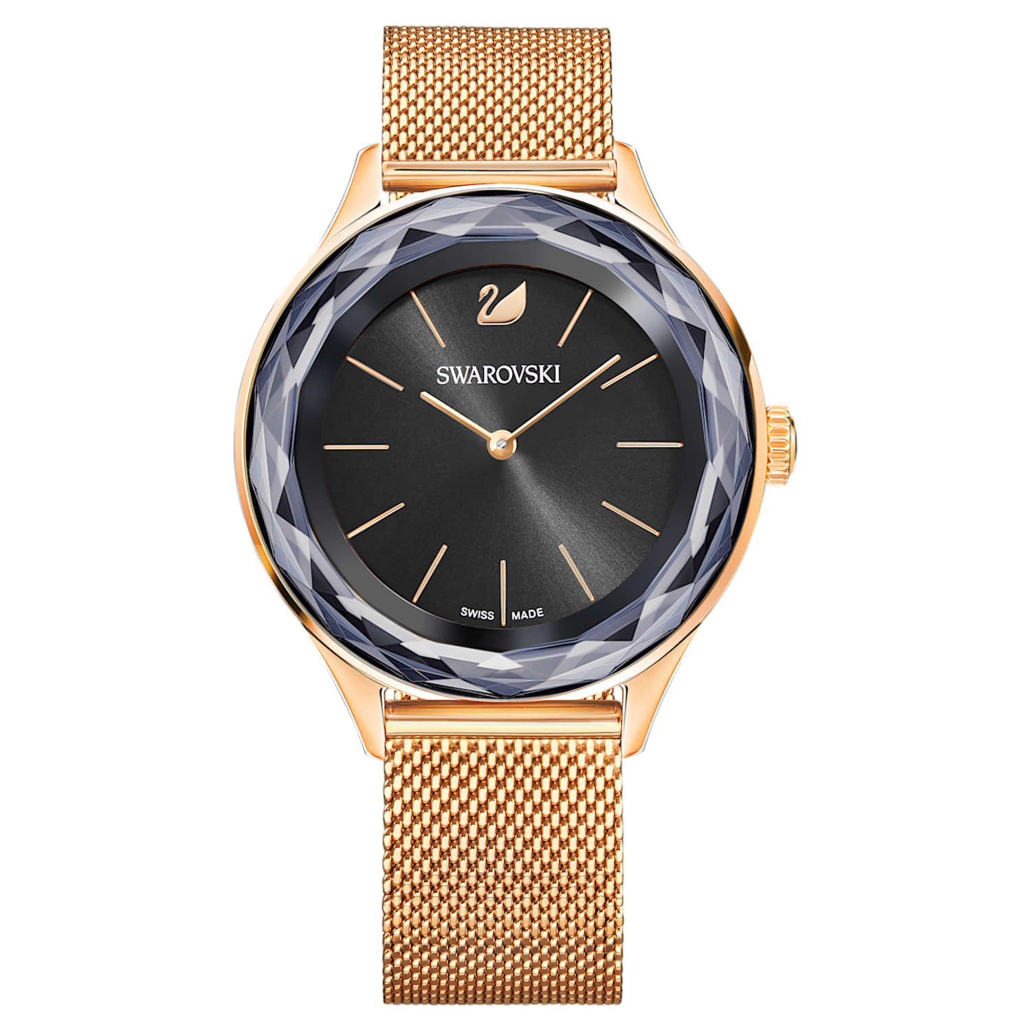Montre Octea Nova, Bracelet à maille milanaise, noir, PVD doré rose |  Swarovski.com