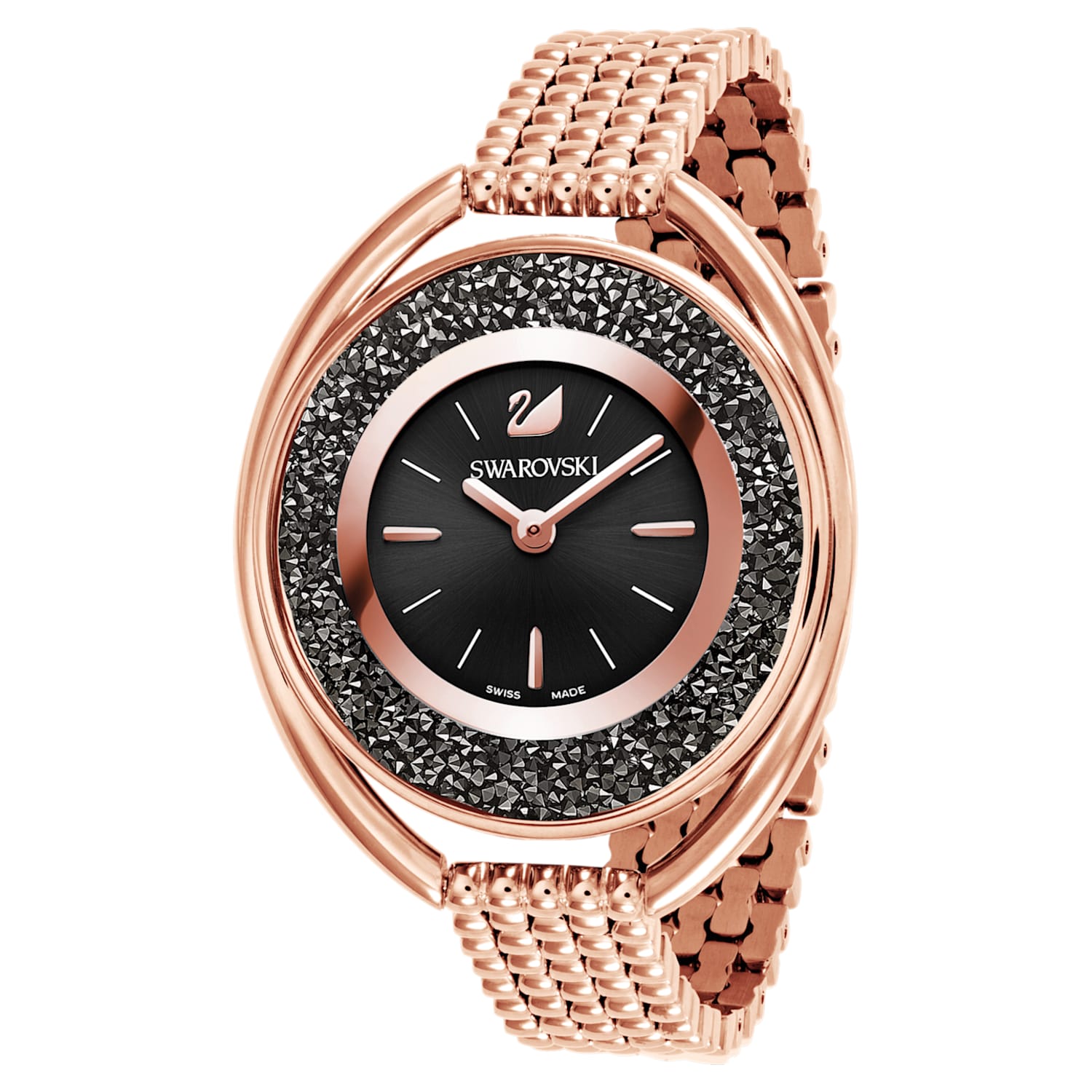 Crystalline Oval watch, Metal bracelet, Black, Rose gold-tone finish