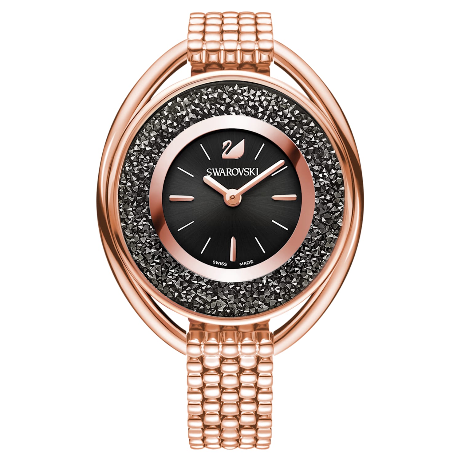 Crystalline Oval Watch, Metal bracelet, Black, Rose-gold tone PVD