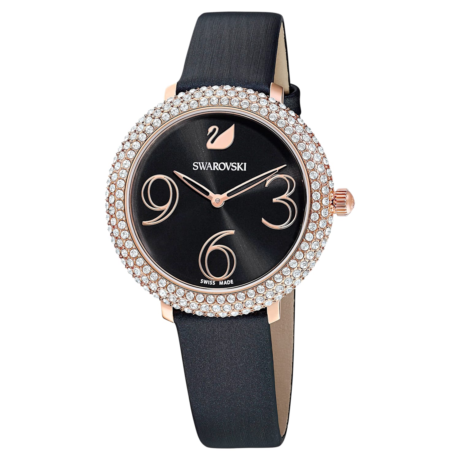 Crystal Frost watch, Leather strap, Black, Rose gold-tone finish | Swarovski
