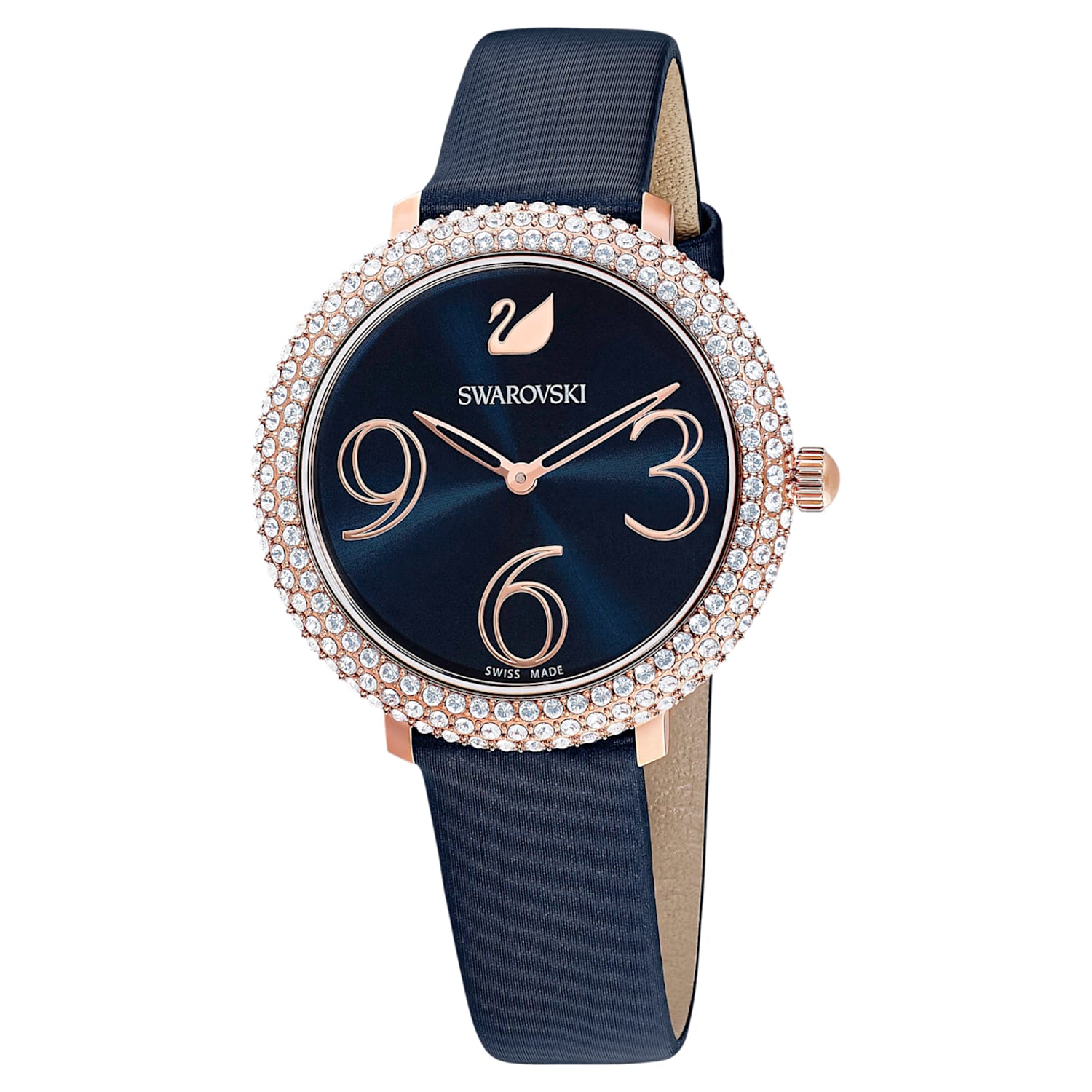 Montre Crystal Frost, Bracelet en cuir, bleu, PVD doré rose | Swarovski.com
