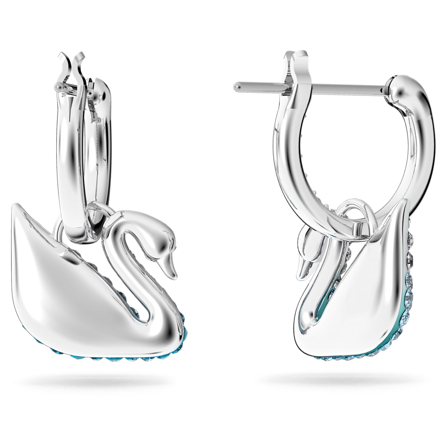 Swarovski Iconic Swan hoop earrings, Swan, Blue, Rhodium plated