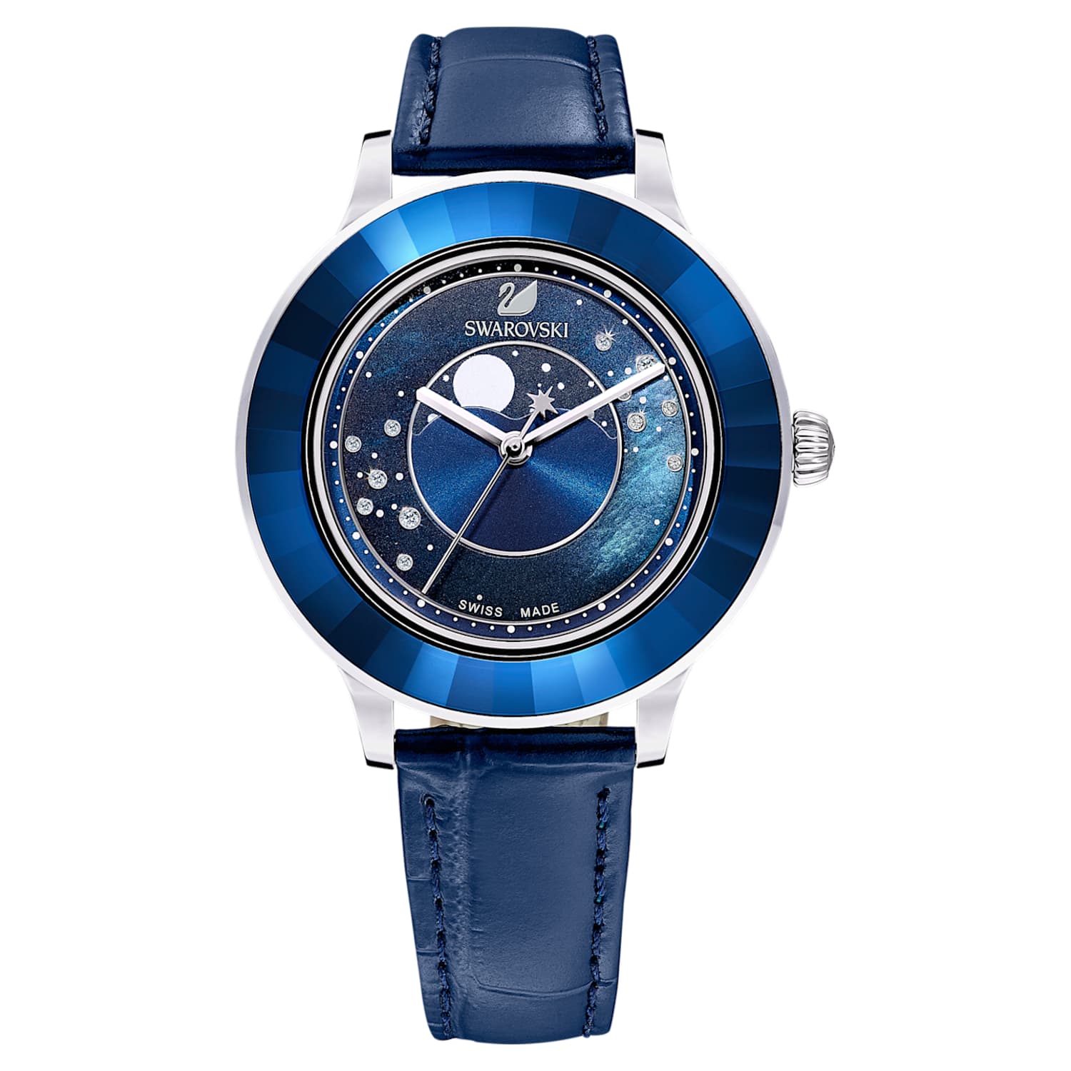 Montre Octea Lux Moon, Bracelet en cuir, Bleu foncé, acier inoxydable |  Swarovski.com