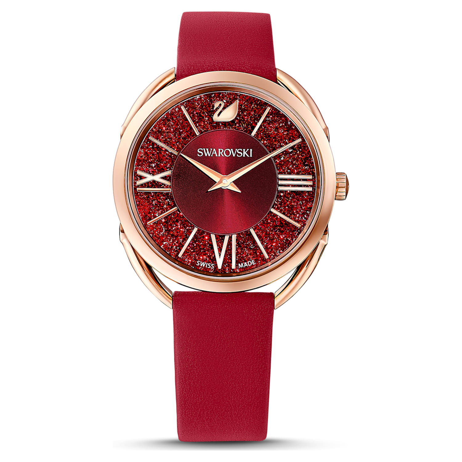 Montre Crystalline Glam, bracelet en cuir, rouge, PVD doré rose
