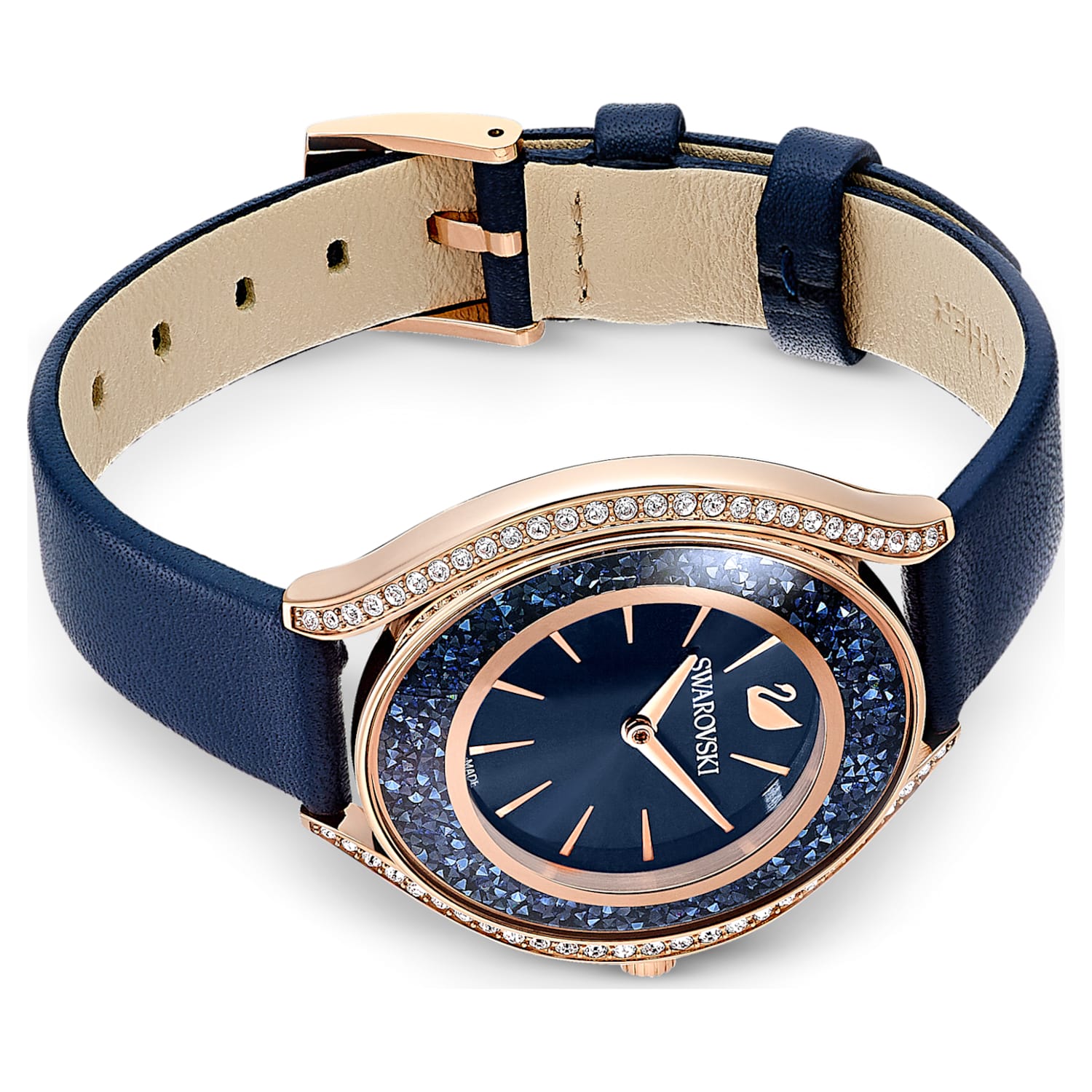 Crystalline Aura watch, Leather strap, Blue, Rose gold-tone finish