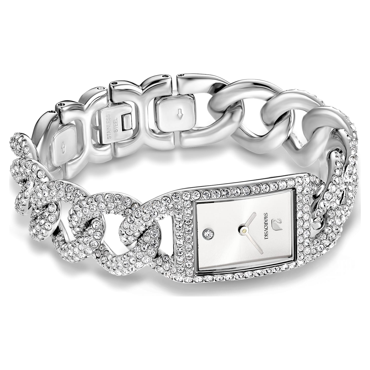 Cocktail watch, Swiss Made, Full pavé, Metal bracelet, Silver tone