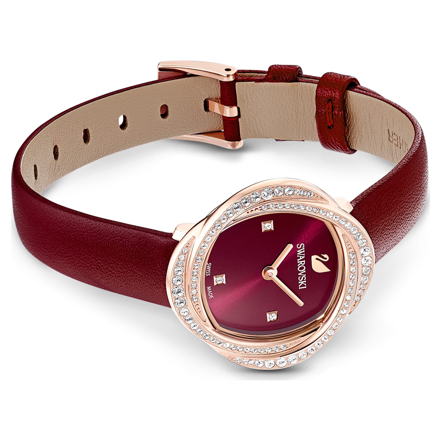 Crystal Flower watch, Leather strap, Red, Rose gold-tone finish