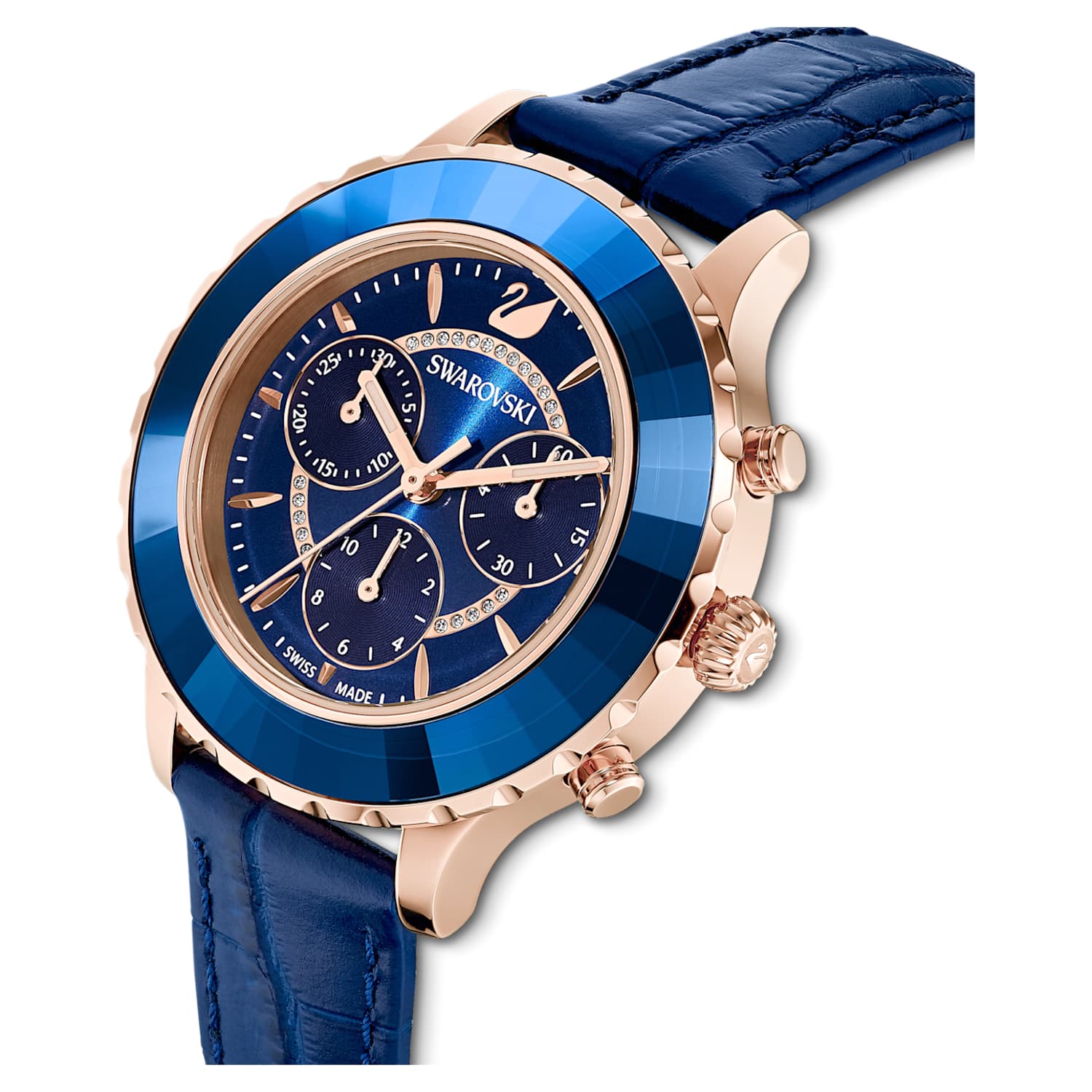 Orologio Octea Lux Chrono, Cinturino in pelle, Blu, Finitura in tono oro  rosa | Swarovski