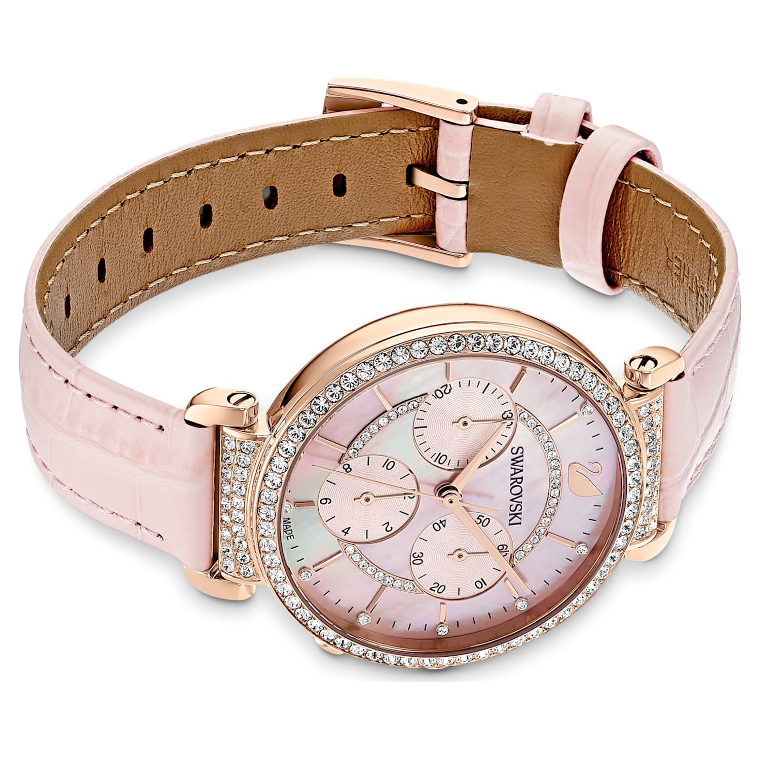 Passage Chrono watch, Swiss Made, Leather strap, Pink, Rose gold