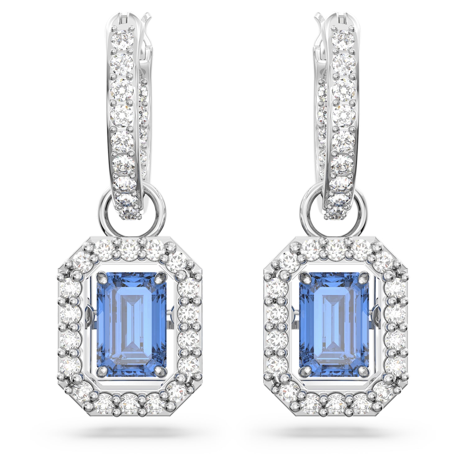 Millenia drop earrings, Octagon cut, Blue, Rhodium plated | Swarovski