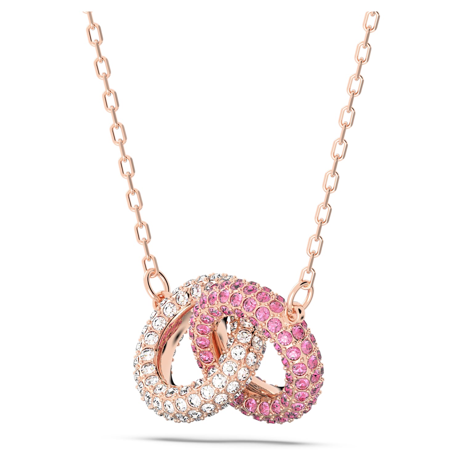 Stone necklace, Pavé, Intertwined circles, Pink, Rose gold-tone 