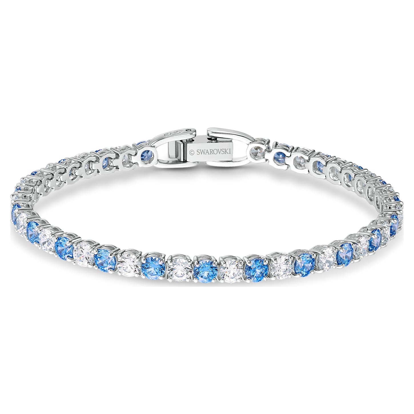 Tennis Deluxe bracelet, Round, Blue, Rhodium plated | Swarovski