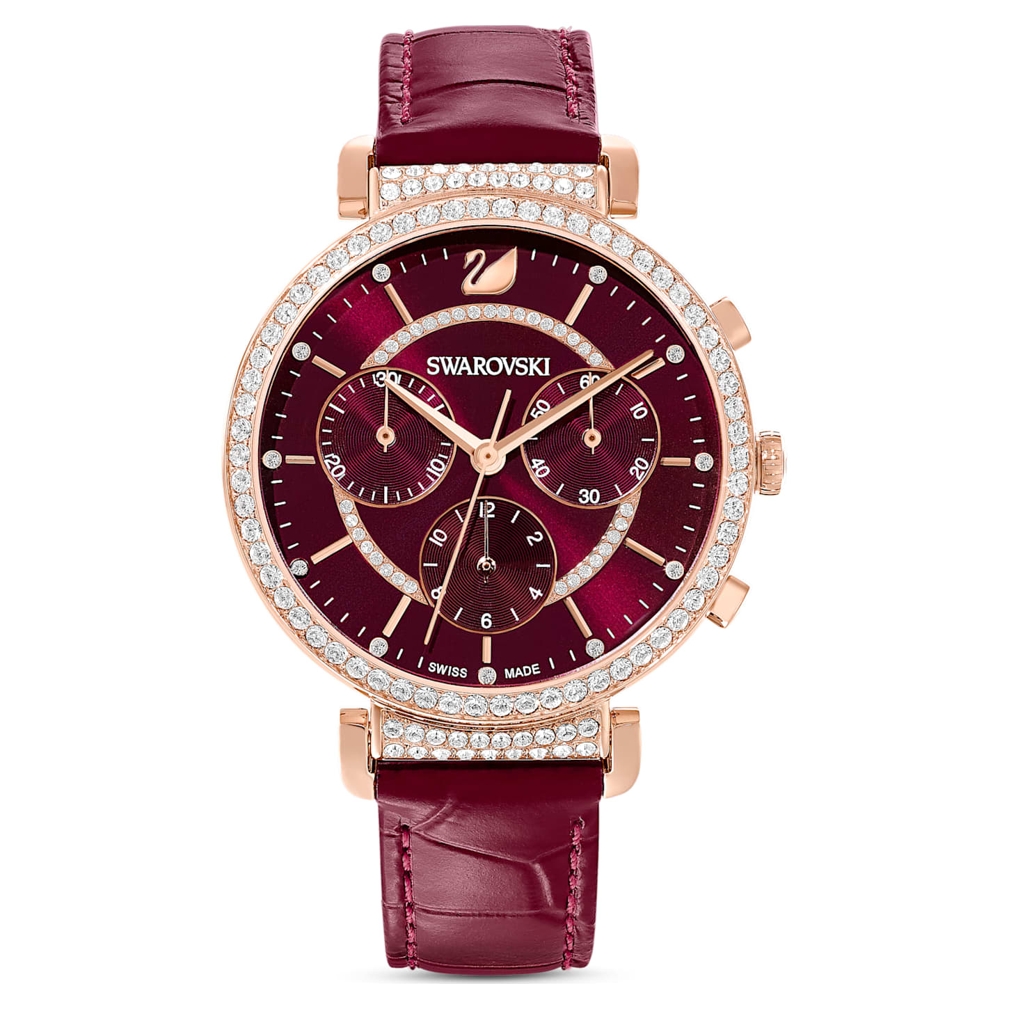Passage Chrono watch, Swiss Made, Leather strap, Red, Rose gold