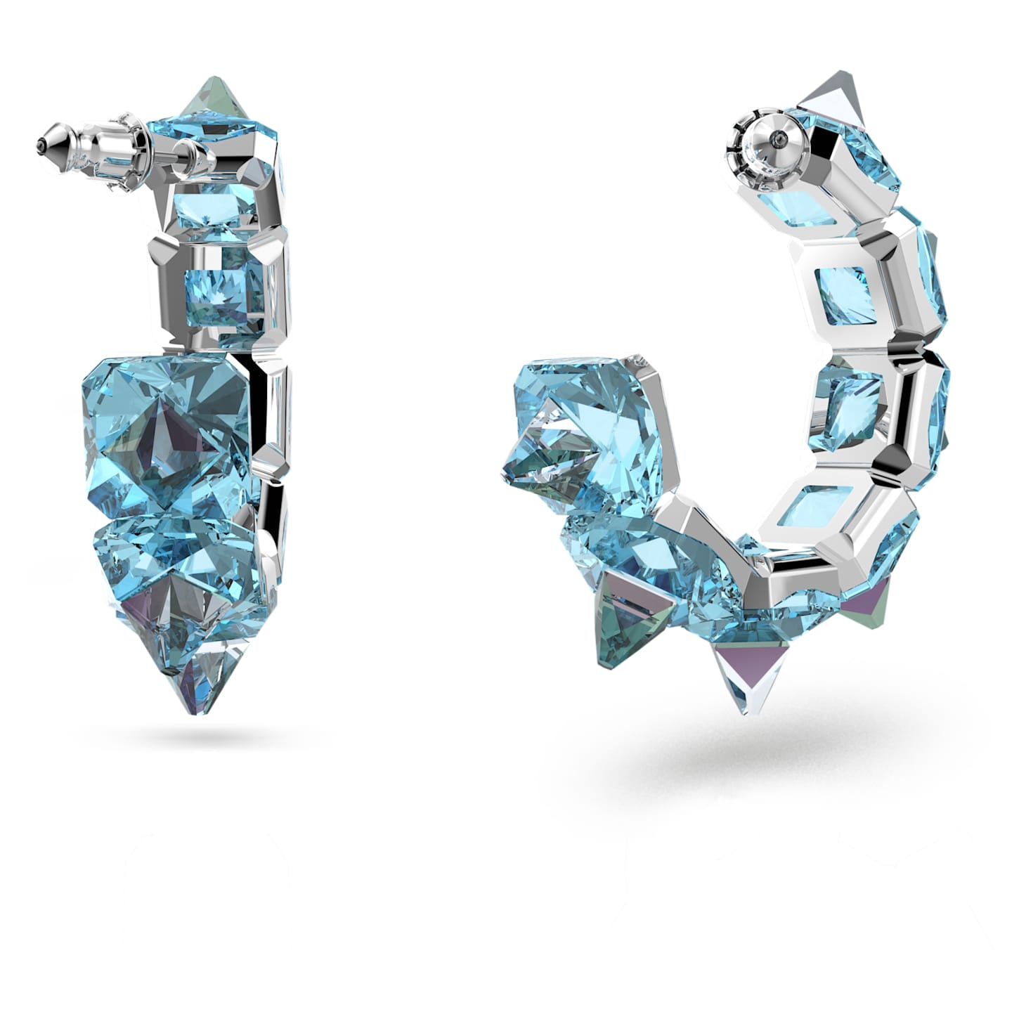 Ortyx hoop earrings, Pyramid cut, Blue, Rhodium plated Swarovski