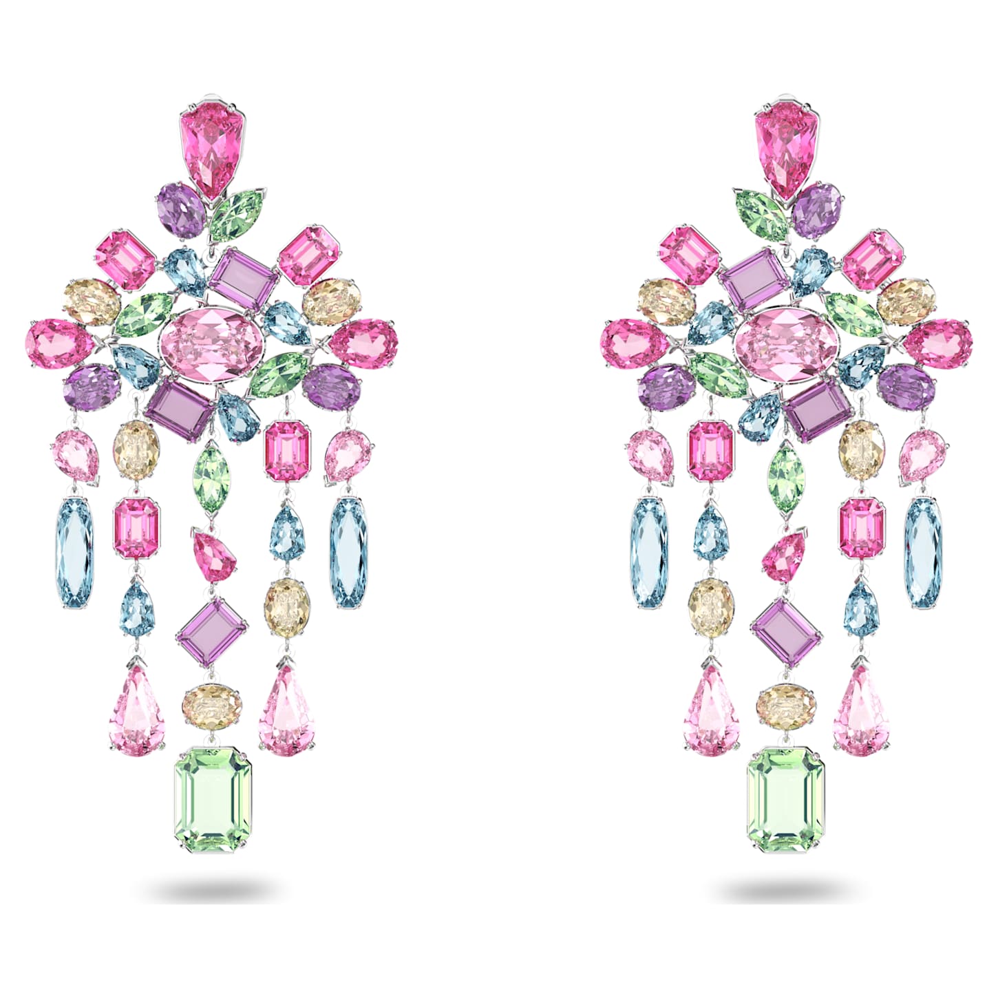 Gema clip earrings, Chandelier, Multicolored, Rhodium plated
