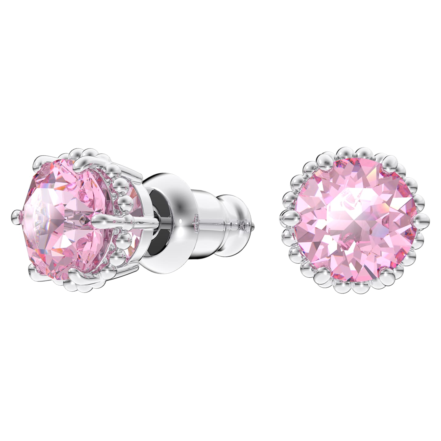 Birthstone stud earrings, Round cut, October, Pink, Rhodium plated