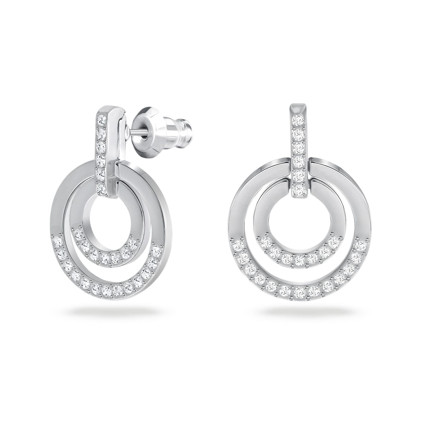 Circle hoop earrings, White, Rhodium plated Swarovski