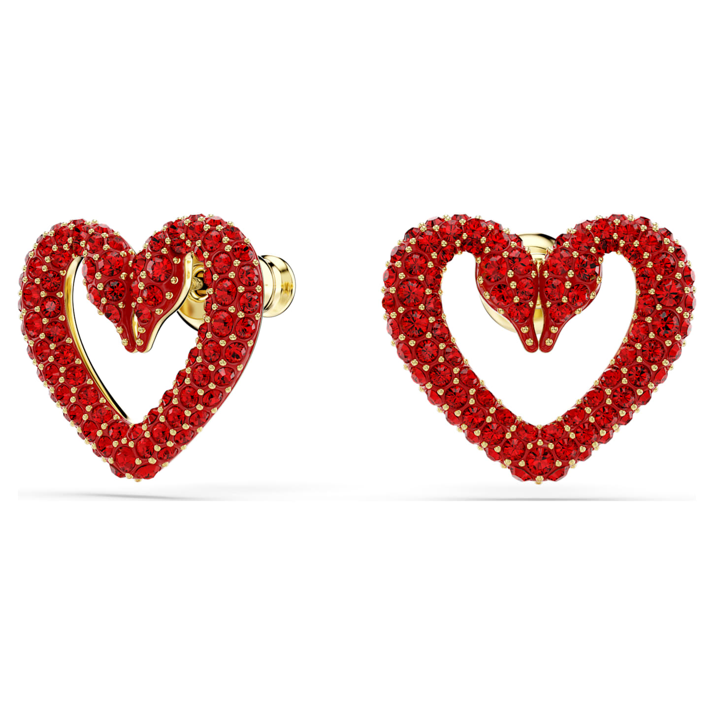 Una stud earrings, Heart, Small, Red, Goldtone plated Swarovski