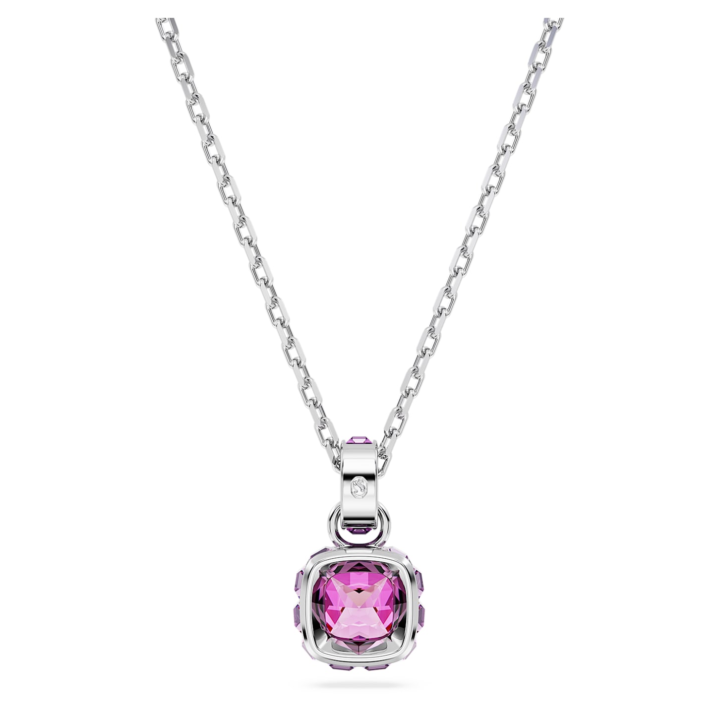 Birthstone pendant, Square cut, February, Pink, Rhodium plated | Swarovski