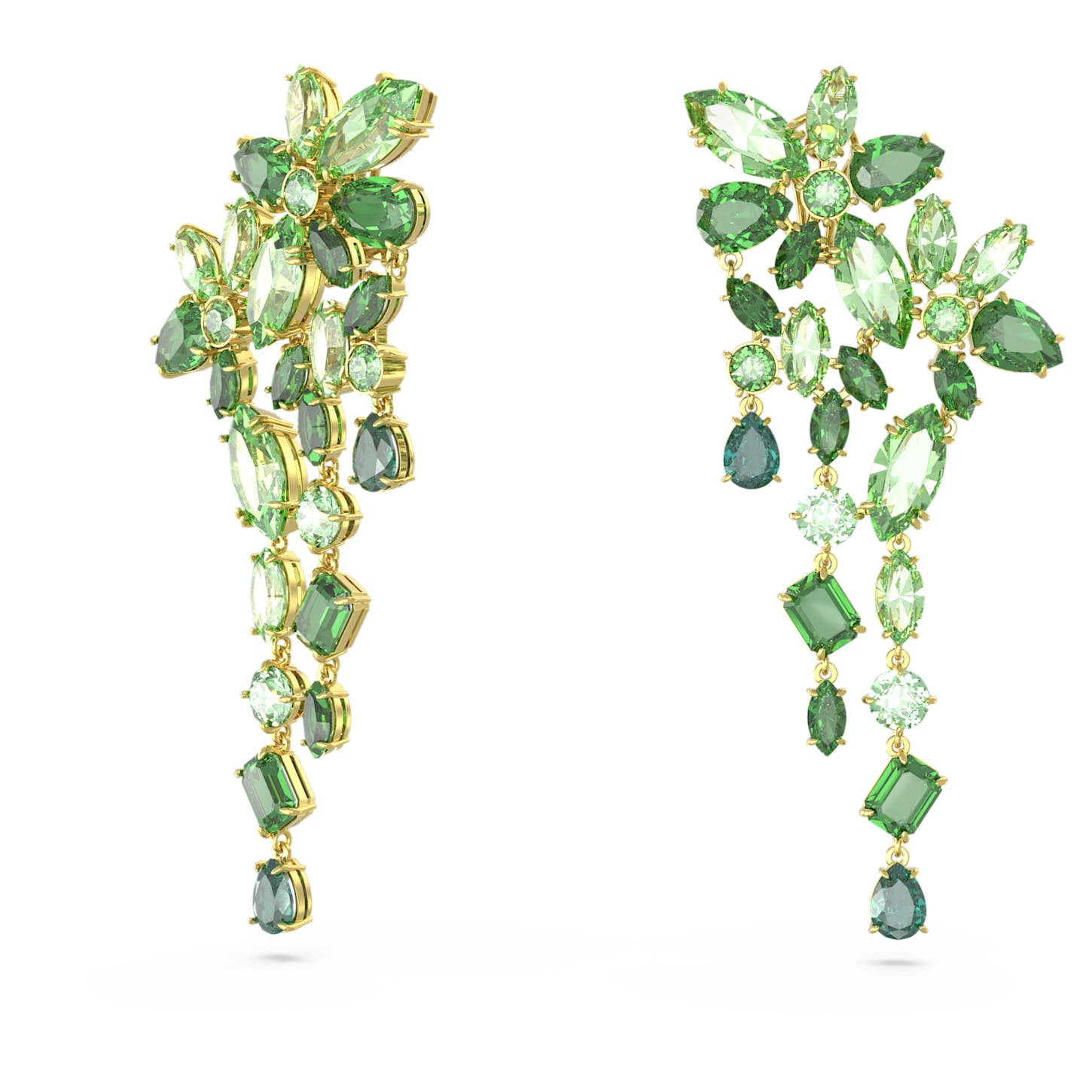 Gema drop earrings, Mixed cuts, Green, Goldtone plated Swarovski