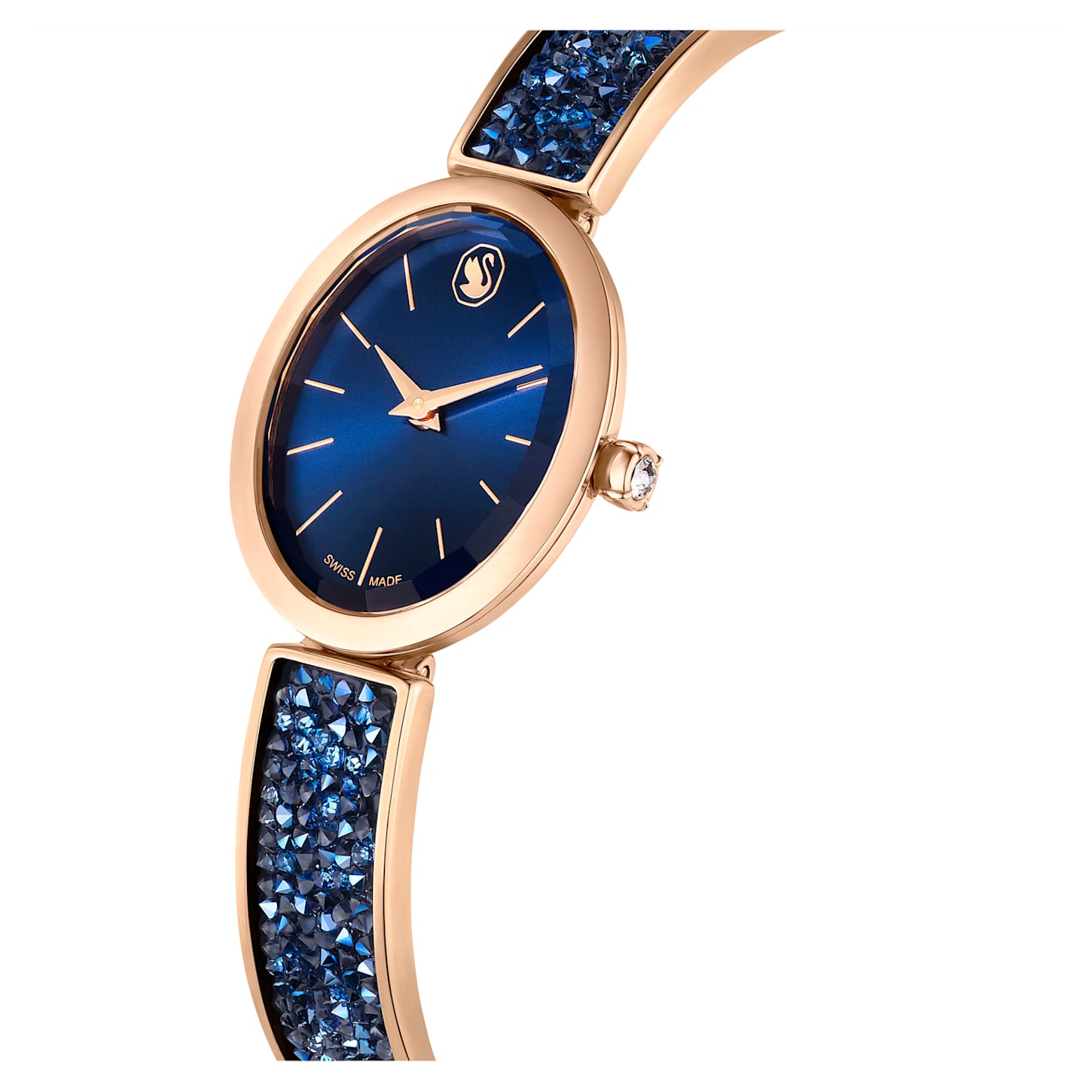 Crystal Rock Oval watch, Swiss Made, Metal bracelet, Blue, Rose gold ...