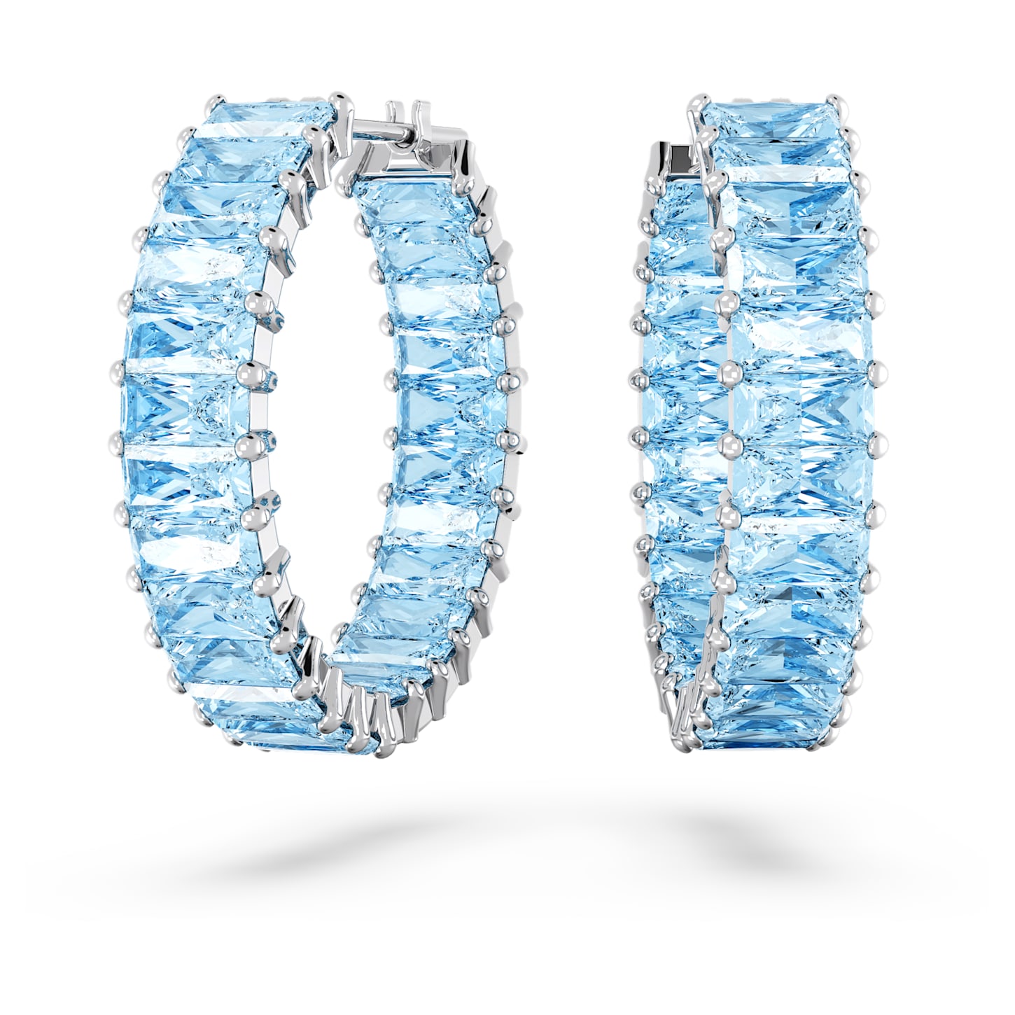Matrix hoop earrings, Baguette cut, Blue, Rhodium plated Swarovski