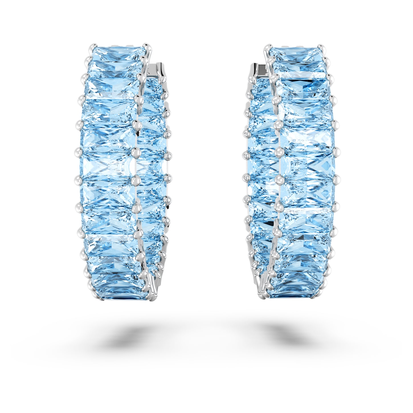 Matrix hoop earrings, Baguette cut, Blue, Rhodium plated Swarovski