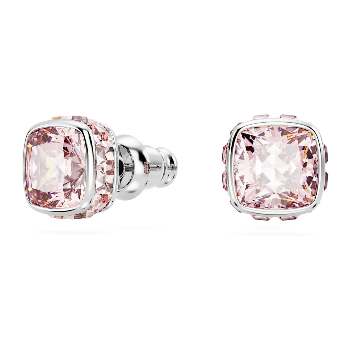 Birthstone stud earrings, Square cut, June, Pink, Rhodium plated