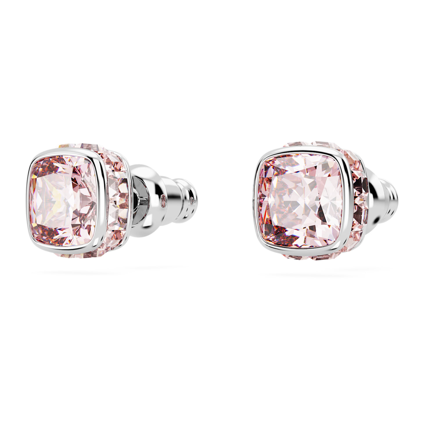Birthstone stud earrings, Square cut, June, Pink, Rhodium plated