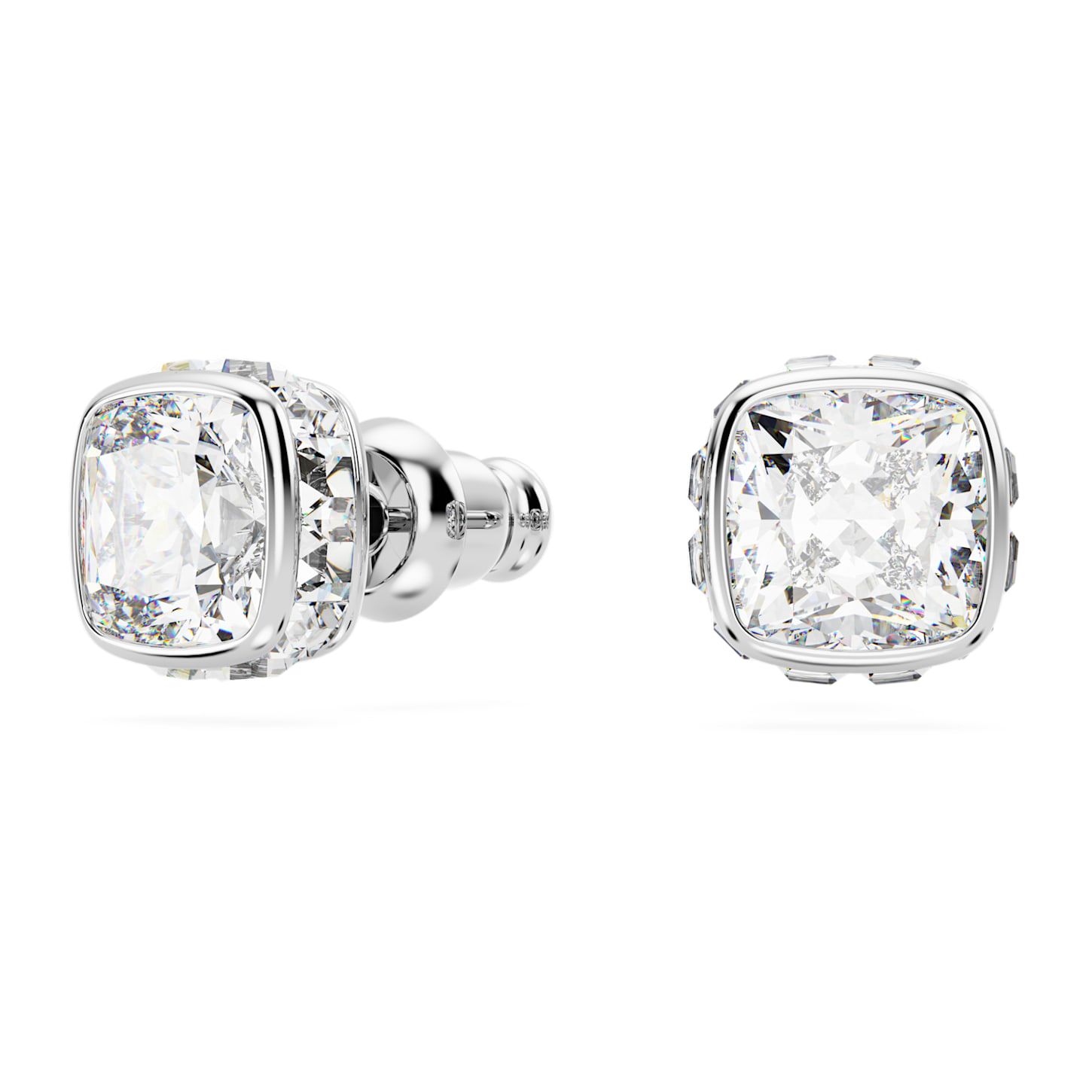 Birthstone stud earrings, Square cut, April, White, Rhodium plated