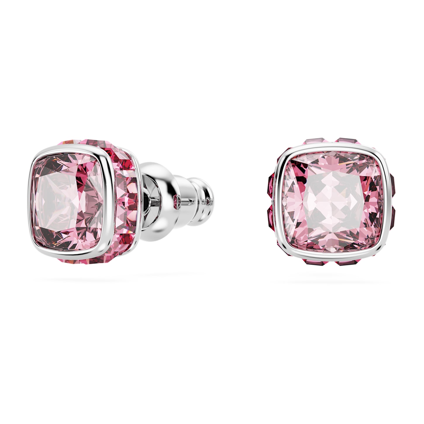 Birthstone stud earrings, Square cut, October, Pink, Rhodium plated