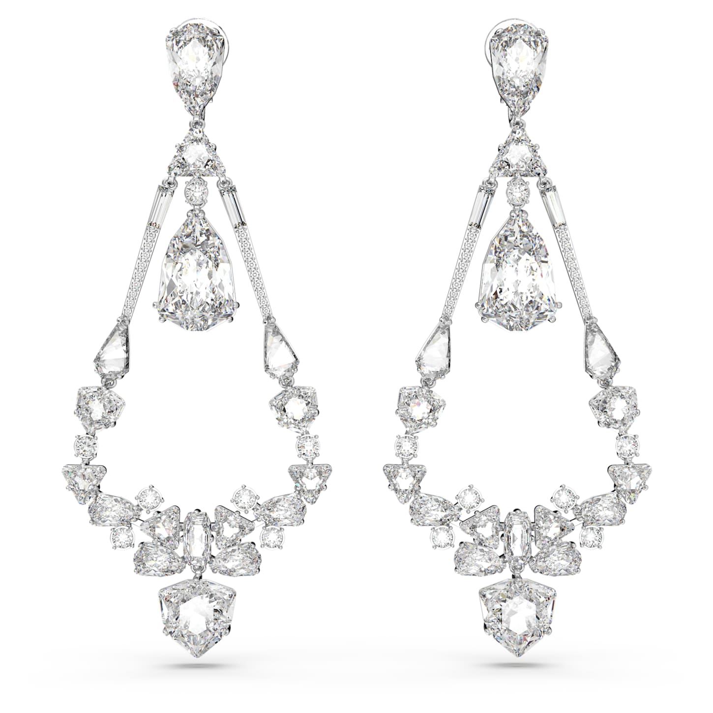 Mesmera clip earrings, Mixed cuts, Chandelier, Long, White, Rhodium